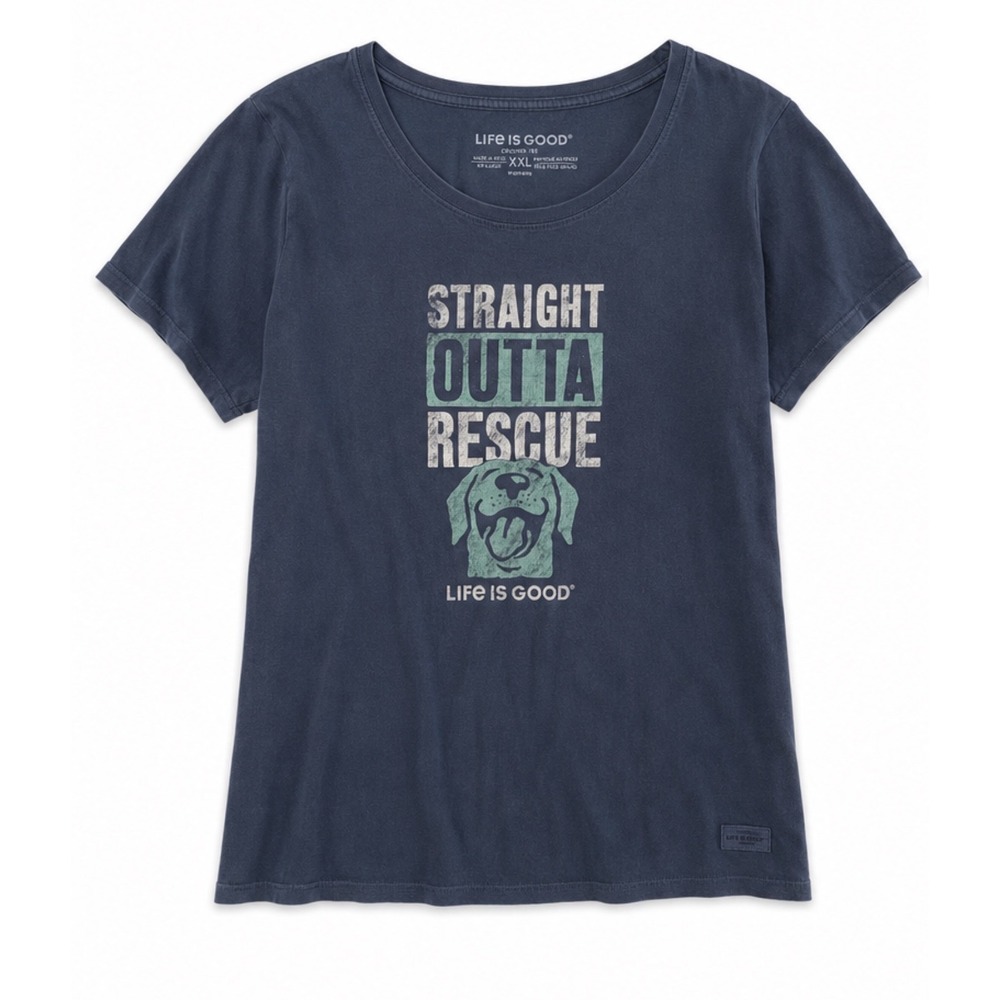 Life Is Good Straight Outta Rescue Dog Graphic Tee Navy Blue XXL Womens Casual